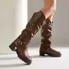 Estilo retro europeo y americano, botines con volantes, detalle de hebilla de cinturón, botas Western de caña alta, botas de tacón medio grueso, tallas 40-45, talla grande, botas de calidad de exportación