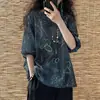 Camiseta Pulóver de Algodón Lino Estampada de Cuello Redondo Retro Literaria Nueva de Verano para Mujer Holgada Talla Grande Adelgazante Versátil Top para Mujer