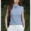 Blusa de Tricô Cinza Gola Alta Manga Curta Estilo Coreano para Mulheres, Verão Única Bonita Slim-Fit Camada Interna Cropped Curto com Mangas Bufantes