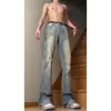 Estilo Americano High Street Vibe de Verão Estilo Meninos Altos Retrô Jeans Azul Machete Calças Ligeiramente Retas
