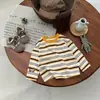 Camiseta de Manga Larga a Rayas con Bloques de Color Elegante para Niños, Camisa Básica Casual Estilo Coreano, Top Versátil para Bebés