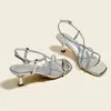 Sandalias de Pedrería Francesas para Mujer Verano 2025 Nuevos Tacones de Aguja con Sandalias de Falda Estilo Hada Sexy Punta Abierta Tacones Altos