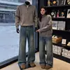 Calça Jeans Americana Desconstruída com Botões Curvos para Homens, Outono, Estilo Malandro Cool, Calças da Subcultura High Street, Vibe, Perna Reta, Calças Ligeiramente Flare