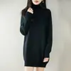 Vestido de tricô de algodão puro com gola alta, estilo casual para mulheres, comprimento médio, suéter, solto, grosso, quente, camada base, vestido justo