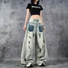 Jeans rotos estilo retro americano de alta calle salpicados de tinta, nuevo diseño de primavera/otoño, pantalones largos rectos de cintura alta de nicho