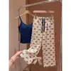 Pijama de verano estilo coreano para niñas con copas y tirantes, adecuado para salir, shorts con estampado de lazo, conjunto de ropa para el hogar para mujeres
