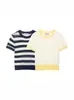 Verão 2026 Nova Roupa Feminina Estilo Europeu e Americano Gola Color Block Fina Manga Curta Tricô Top Curto Gola Redonda
