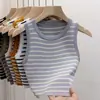 Verano para Mujer Estilo Coreano Nuevas Llegadas Ropa Exterior Tejido Sin Mangas Top Corto Ajustado Cuello Redondo Top sin Mangas Rayado