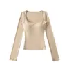 Ry25290-Estilo Deseo Puro Moda Chica Atractiva Cuello Cuadrado Manga Larga Camiseta para Mujer 2025 Nueva Sexy Ajustada Camiseta Básica