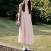 Vestido rosa claro estilo francês suave feminino verão decote V retalhos plissados sem mangas justo temperamento fada longo