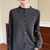 Cardigan de Lã Fina Elegante e Luxuoso com Gola Alta e Botões, Slim-Fit, para Mulheres, Suéter de Tricô Cinza, Jaqueta Casual, Camisa Básica