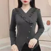 Top de terciopelo acanalado con cuello en V y encaje, diseño elegante, abrigo de mujer de manga larga estilo Chanel, novedad otoño 2025