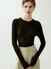 Suéter ajustado de cuello redondo 100% lana para mujer, nueva camiseta base de punto de manga larga para otoño e invierno, color liso, suéter simple y versátil