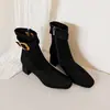 Botines finos de gamuza con hebilla para mujer, botines cortos elásticos, botines de tacón medio grueso, nuevos de otoño, punta redonda, cremallera lateral, botines cortos de moda para mujer
