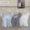Foto Real de uma Blusa de Renda Verde Estilo Francês Falsa Duas Peças com Decote em U e Mangas Curtas, Blusa de Verão com Mangas Bufantes para Mulheres