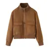 Moda femenina transfronteriza 2026 estilo europeo y americano chaqueta bomber con solapa de bolsillo y textura de gamuza para mujer B126210