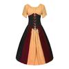 Vestido Vintage Medieval Europeu e Americano com Costura em Contraste, Cadarço na Cintura, Saia Ampla, Vestido Ombro a Ombro, Vestido Feminino