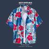 Camisa de manga corta estilo Hong Kong para hombre y mujer, camisa hawaiana holgada de verano con estampado floral de media manga para playa.