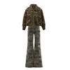 Traje de mezclilla transfronterizo para mujer, con estampado de camuflaje, chaqueta ligeramente acampanada, corte ajustado estilo americano, pantalón largo de camuflaje y chaqueta de camuflaje de longitud extendida