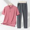 Traje Casual de Verão Leve de Negócios Masculino Camisa Polo Gola Polo de Seda Gelada Sem Costura Conjunto de Duas Peças de Terno de Seda Gelada para Homens de Meia-idade