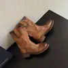 Botas de chaminé de couro bovino de camada superior para mulheres, novo estilo de outono, couro genuíno, bico redondo, salto médio, sem cadarço, botas desgastadas, botas de montaria de cano médio para mulheres