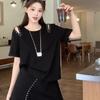Conjunto de Vestido Casual de Moda para Mujeres Ligeramente Gorditas, Versión Coreana de Verano, Top Holgado de Hombros Descubiertos con Cuentas de Alta Calidad con Falda Corta de Línea A que Ceñe las Caderas, Moderno