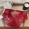 Vermelho romântico ~ Roupa íntima feminina de renda vermelha francesa este ano, calcinha sexy pura com cintura média e vazada