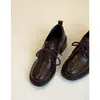 Versão em Couro Macio~Mocassins Retrô Britânicos de Couro Macio com Bico Redondo e Cadarço Versáteis para o Trabalho Salto Grosso Sapatos Pequenos de Couro Sapatos Individuais Femininos