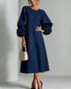 2026 Nuevo Modelo Vestido Midi para Mujer con Mangas Abullonadas y Decoración Floral, Cuello Redondo, Elegante Vestido Línea A, En Stock