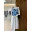 Saia tipo botão branca estilo coreano para mulheres, estação primavera, tamanho petite, cintura elástica, corte solto, emagrecedora, saia midi em A