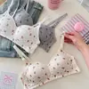Sutiã Canelado Fino Estilo Japonês com Ursinho e Flores para Mulheres com Pouco Seio, Push-Up, Sem Aro, Suporte Lateral, Sutiã Anti-Queda
