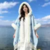 2026 Otoño e Invierno Nuevo Estilo Cuello de Piel Sintética de Conejo Capa con Capucha Chal Cachemira Sintética Cuadros Retro Hanfu Capa Cálida