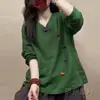 Nova camiseta de algodão e linho estilo retrô chinês com botões e manga longa para mulheres, versátil, artística, colorida, top casual slim-fit outono 2026