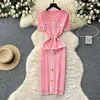 Estilo Tweed de Alta Qualidade Moderno Fivela de Metal Contrastante Vestido Slim Slim Feminino de Verão Cintura Marcada Elegante Vestido Suéter
