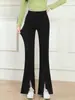 Calça Flare Nova Primavera e Outono 2025 Cintura Alta Fenda Calça Preta Stretch Slim Casual Calça Longa Feminina com Stretch em Quatro Direções
