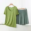 Conjunto de Pijama Simples Liso de Verão Plus Size Fino Modal Decote V Manga Curta Shorts Conjunto para Casa