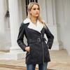 23 otoño e invierno Nuevo abrigo de cuero con forro polar de manga larga para mujer, solapa, cremallera de doble sentido con cinturón, abrigo cálido, Europeo y Americano Amazon