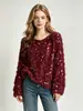 Blusas Tricotadas com Lantejoulas de Pelúcia Resistentes para Outono e Inverno, Estilo Solto e Preguiçoso, Gola Redonda, Mangas Longas, Atacado de Fábrica