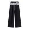 Pantalones Casuales de Pierna Ancha con Adorno de Encaje, Delgados de Cintura Alta, Caídos, Holgados, Adelgazantes, de Longitud al Suelo