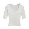 Camiseta Corta de Manga Media Hombro Caído Cuello en U Ajustada para Mujer Color Sólido Estilo Chica Francesa Caliente Top de Manga Corta para Mujer Verano SY9039