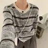 Cardigan Suéter Listrado Color Block Retrô para Mulheres, Engrossado, Novo Outono/Inverno 2026, Solto, Malha Macia, Top Casaco