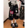 Calça Cropped Estilo Retrô Americano com Bordados Florais, Shorts Jeans Lavado para Homens e Mulheres, Shorts Largos Tendência de Verão