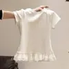 Camisa Blanca de Encaje Puro con Incrustaciones, Estilo Ballet de Manga Corta para Mujer, Nuevo Estilo Primavera y Verano, Top Base Ajustado