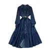 Vestido Elegante de Gama Alta para Mujer Otoño 2024 Nuevo Elegante para Dama Solapa Botonadura Única Ceñido a la Cintura Mezclilla Midi