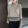 Suéter de punto 100% lana con botones, cuello semiabierto para mujer, suéter grueso, nuevo estilo de otoño e invierno, patrón Fair Isle, manga larga, moderno y a la moda