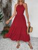 2026Shein Loja Online Independente Comércio Exterior Roupas Femininas Vestido Vermelho Retrô de Gola Halter Verão Vestido Longo Sem Costas de Cintura Alta