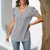 Amazon 2026 Verão Novo Transfronteiriço Europeu e Americano Camisa Feminina Casual Cor Sólida Gola V Botão Versátil Listrada Camiseta