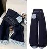 Jeans azul profundo mujer primavera y otoño nuevo color contraste bordado de letras cintura alta talla grande mm gorditas pierna recta dobladillo enrollado pantalones de pierna ancha