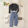 Conjunto outono e inverno estilo europeu e americano para meninas, suéter canelado pequeno e médio, top, calça jeans com cinto de coração, conjunto de três peças