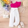 Ropa para Niños Baoxian Europea y Americana Primavera y Verano Multicolor Hombro Caído Tirantes Encaje Unilateral Top Pantalones con Cinturón Color Puro Traje de Moda